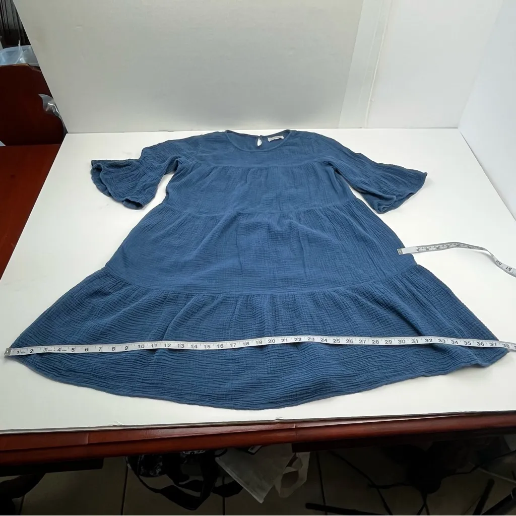 Outerknown Currents Organic Cotton Gauze Crepe BellSleeve Dress Blue Small *FLAW - Image 12