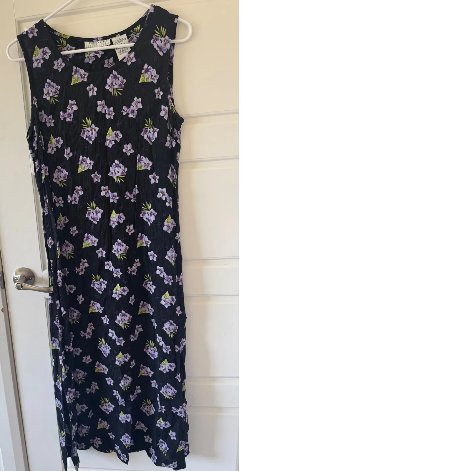 90s Vintage White Stag Womens Long Black Floral Gauzy Crinkled Maxi Dress sz 12 - Image 2