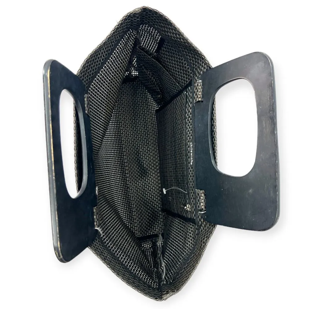 Chilewich Woven Large Sized Hand Bag Purse Beach Wooden Handle Asymmetrical Mod Brown - Image 5