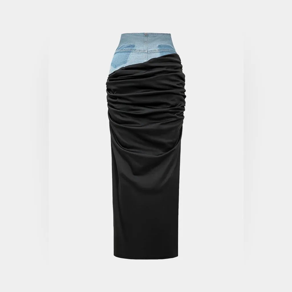 Denim‎ Patchwork Color Block Ruched Zipper Skirt Black - Image 2