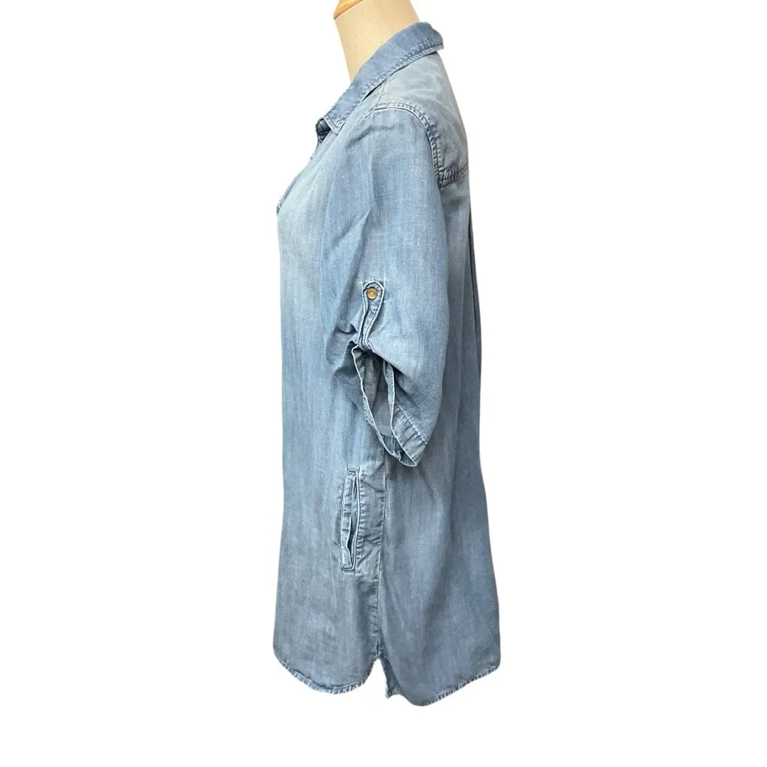 Anthropologie Cloth & Stone Chambray Denim 3/4 Sleeve‎ Mini Shirt Dress Medium - Image 5