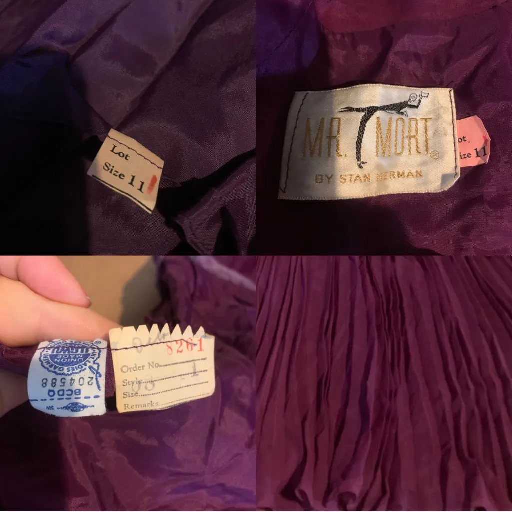 MR. MORT PURPLE & CREAM PLEATED MINI DRESS & JACKET 1970’S MATCHING SET (M) Size M - Image 10