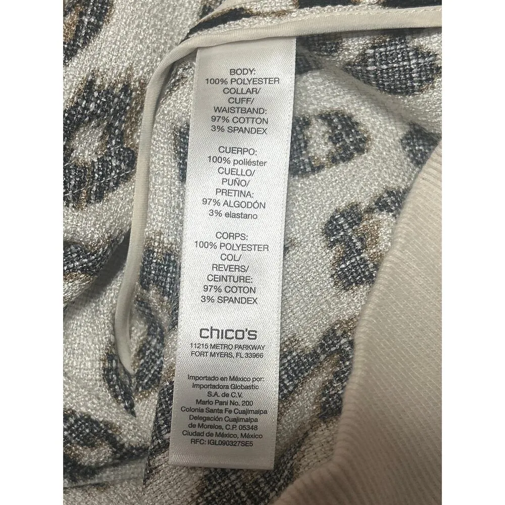 Chico's Cream Black Long Sleeve Knit Leopard Zip Up Cardigan Sweater Top Size 1 - Image 5