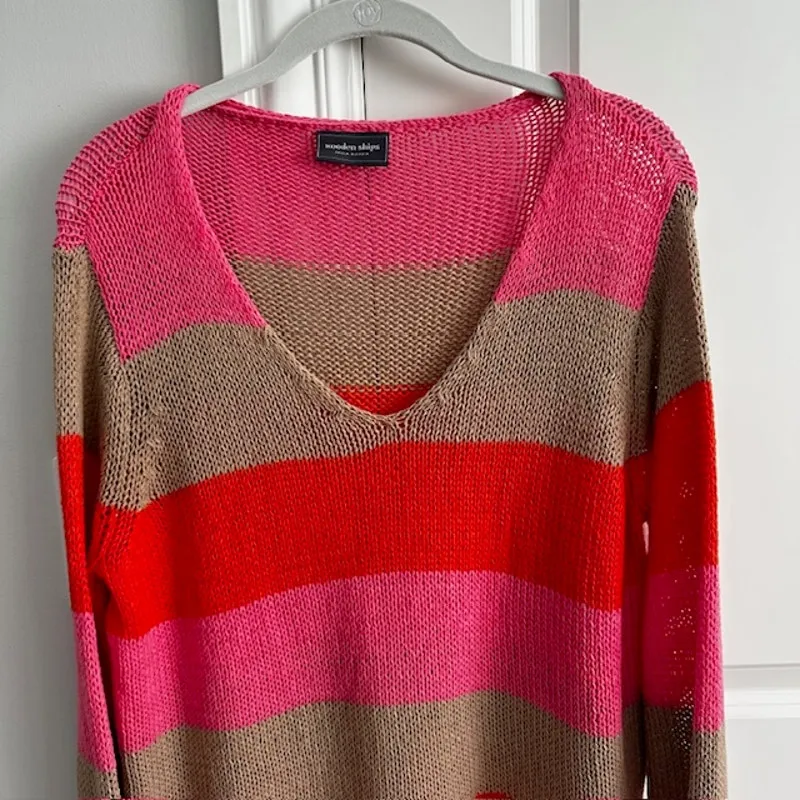 Wooden Ships Bright Pink Stripe V-neck Pullover Sweater Small/Medium - Image 2