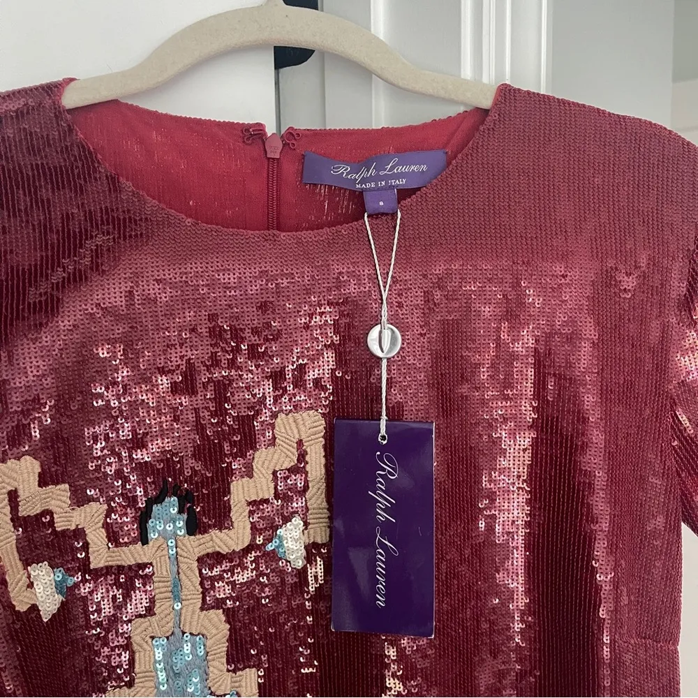 NWT Ralph Lauren Purple Label Embellished Cady Red Sequin Short Sleeve Dress Size 8 - Image 3