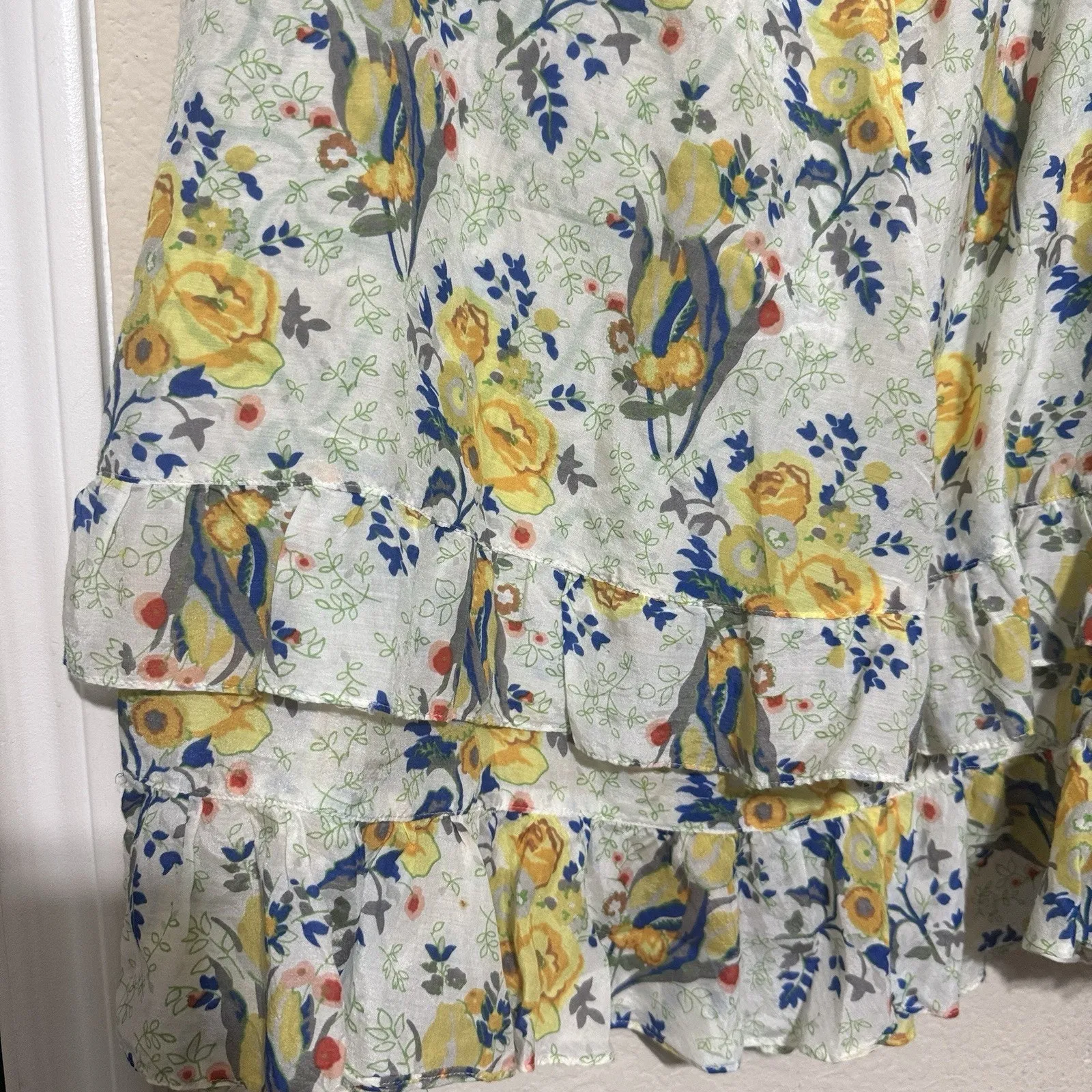 Johnny Was Yellowfield 8 Silk Blend Skirt Yellow Floral Sheer Pin-up L Romantic - Image 4