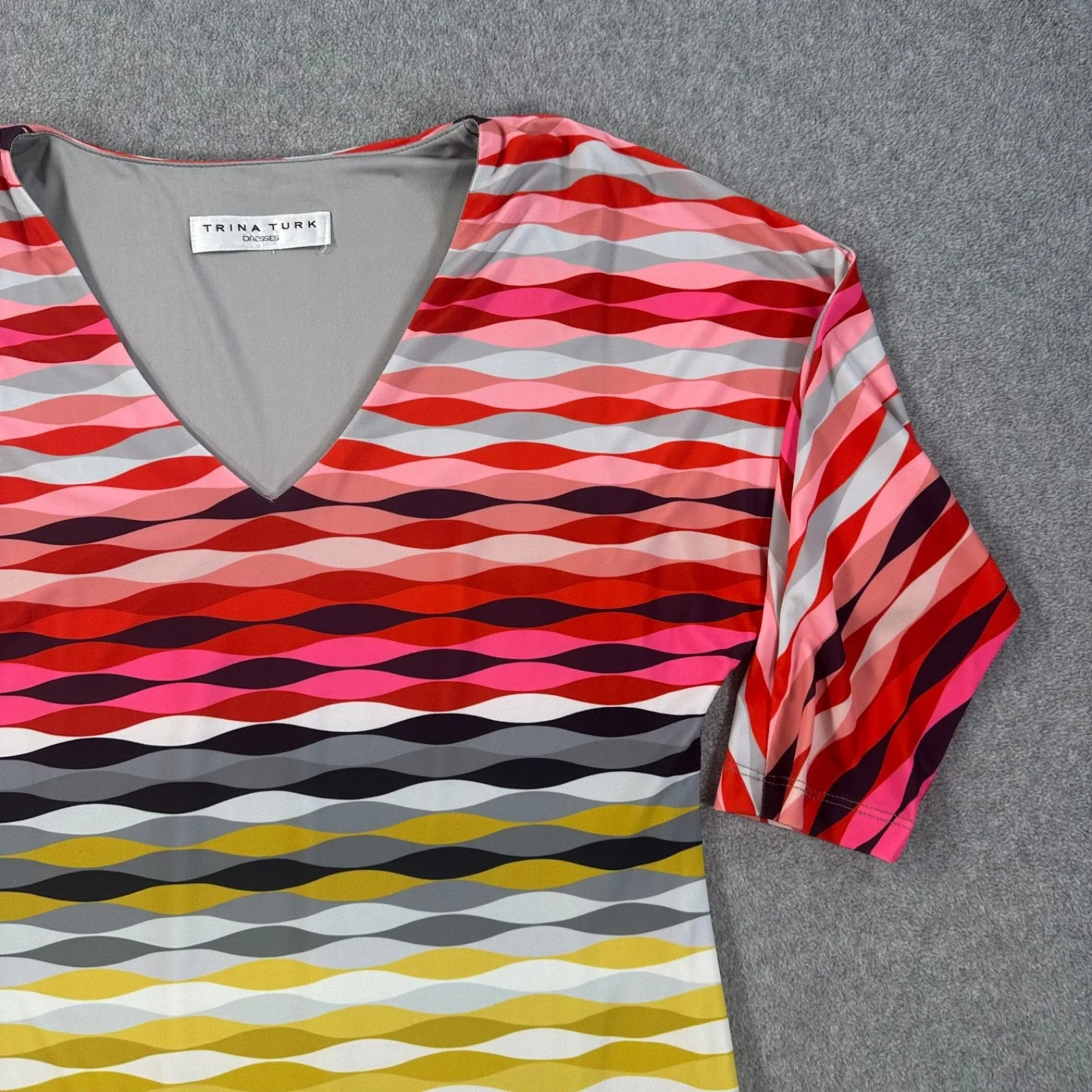 Trina Turk V-Neck Wavy Lines Dress Red Gray Yellow TD14R503 Pullover No Size Tag - Image 2