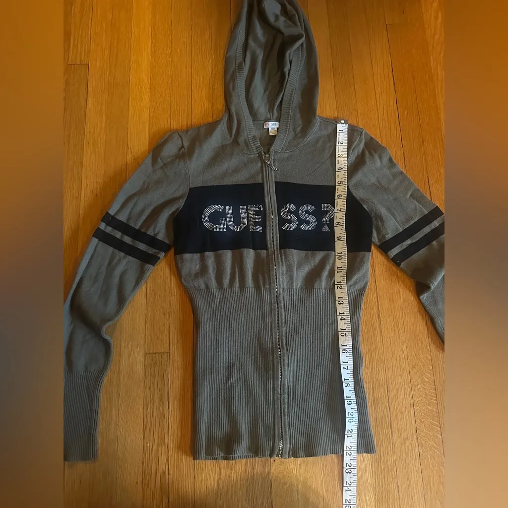 Vintage Y2K GUESS Olive & Black Gemstone Sweater Hoodie, Size M - Image 3