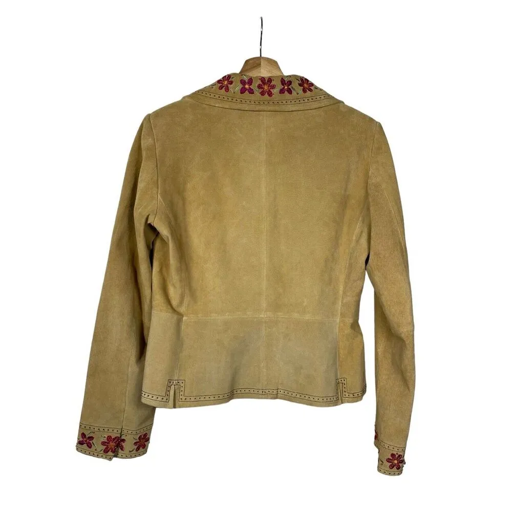 Margaret Godfrey Women Sz 8 Boho Western Floral Embroidered Suede Leather Jacket Tan - Image 2