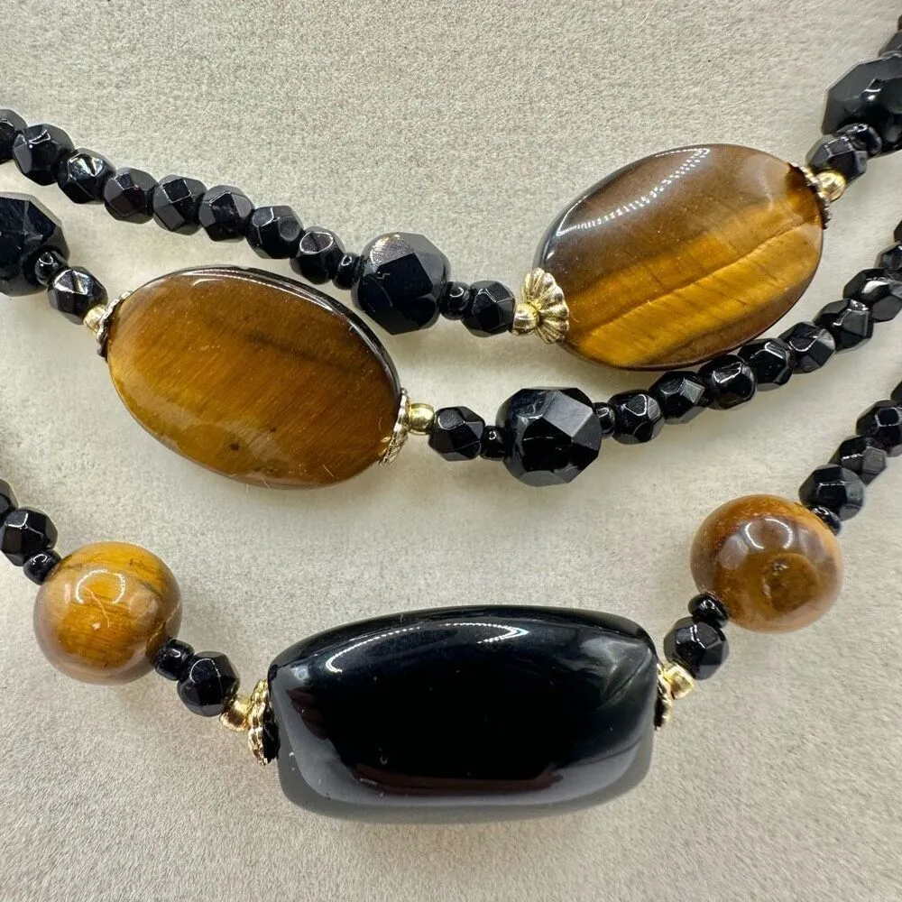 Obsidian and tigers eye long beaded necklace Black - Image 7