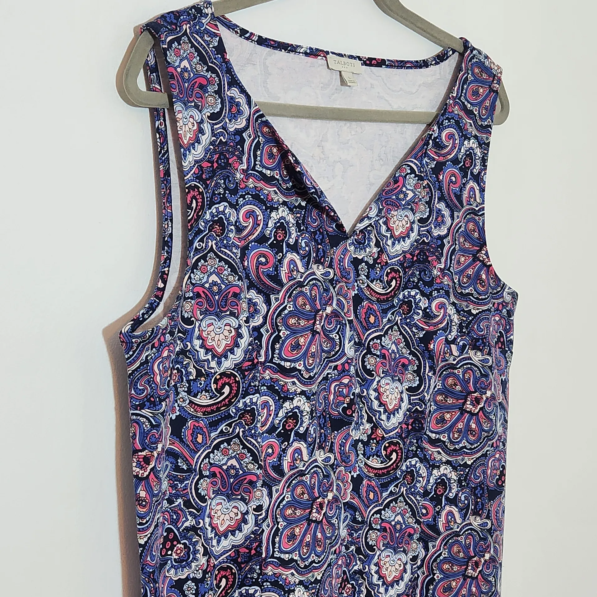 Talbots Blue and Pink Paisley Sleeveless Shift Dress Sz Large Navy Paisley Dress - Image 3