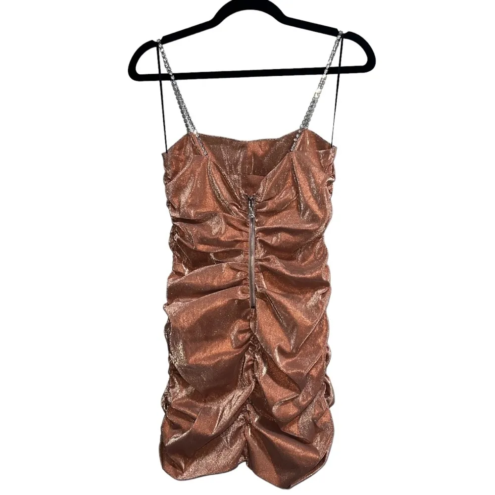 NEW NWT AREA Shirred Mini Dress Nude Gold Size M - Image 8