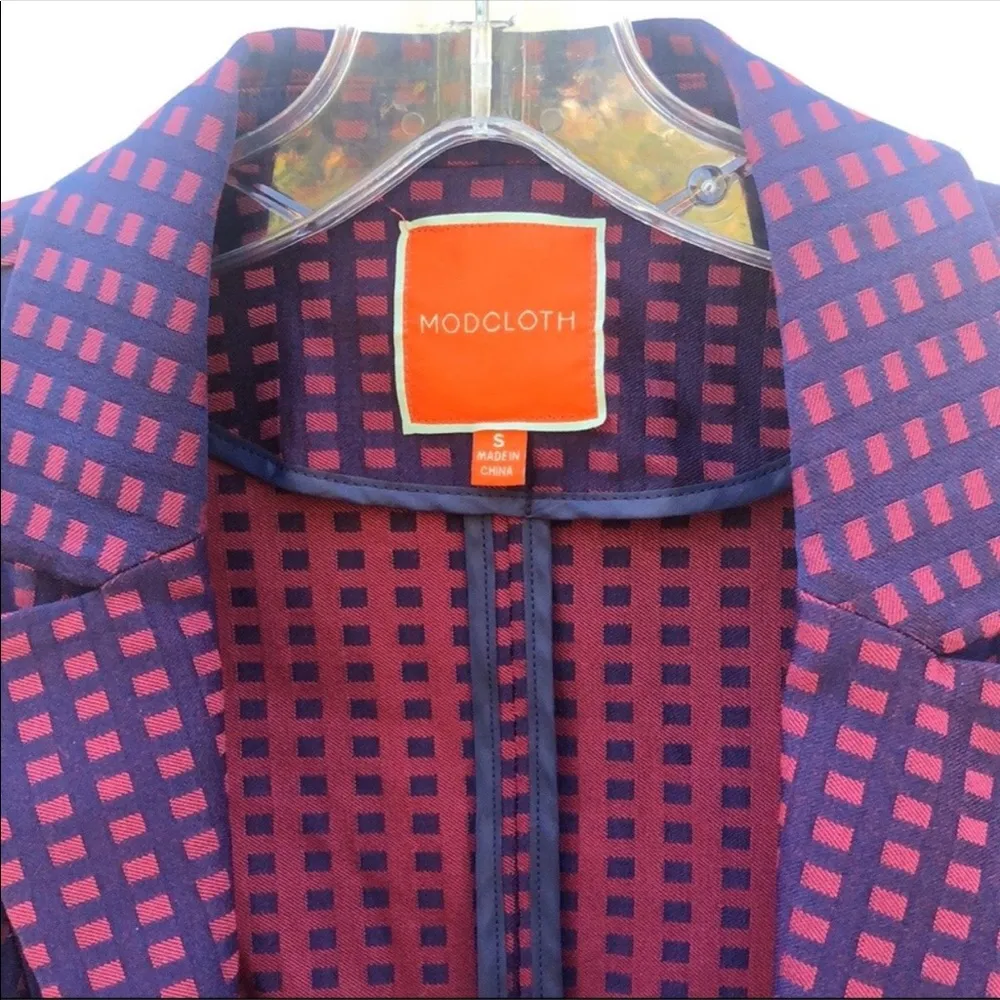 Modcloth Womens small Navy & Maroon Grid Print Bow Back dressy Casual blazer - Image 5