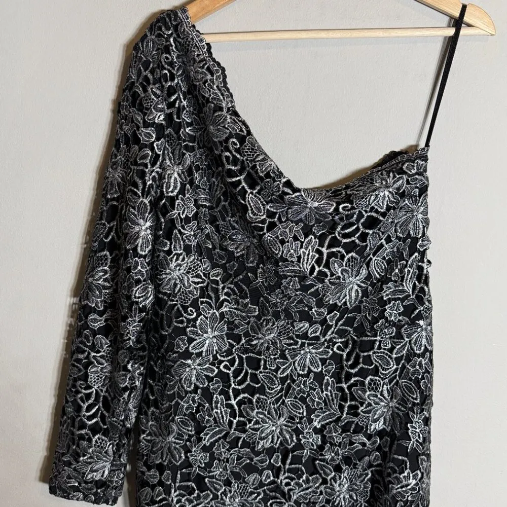NWT Lauren Ralph Lauren One Shoulder Lace Evening Dress Women's 12 Black Silver - Image 11