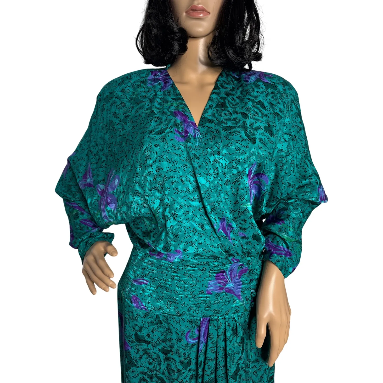 Vintage Maggy London by Jeannene Booher 80s Teal Silk Floral Midi Dress medium - Image 2