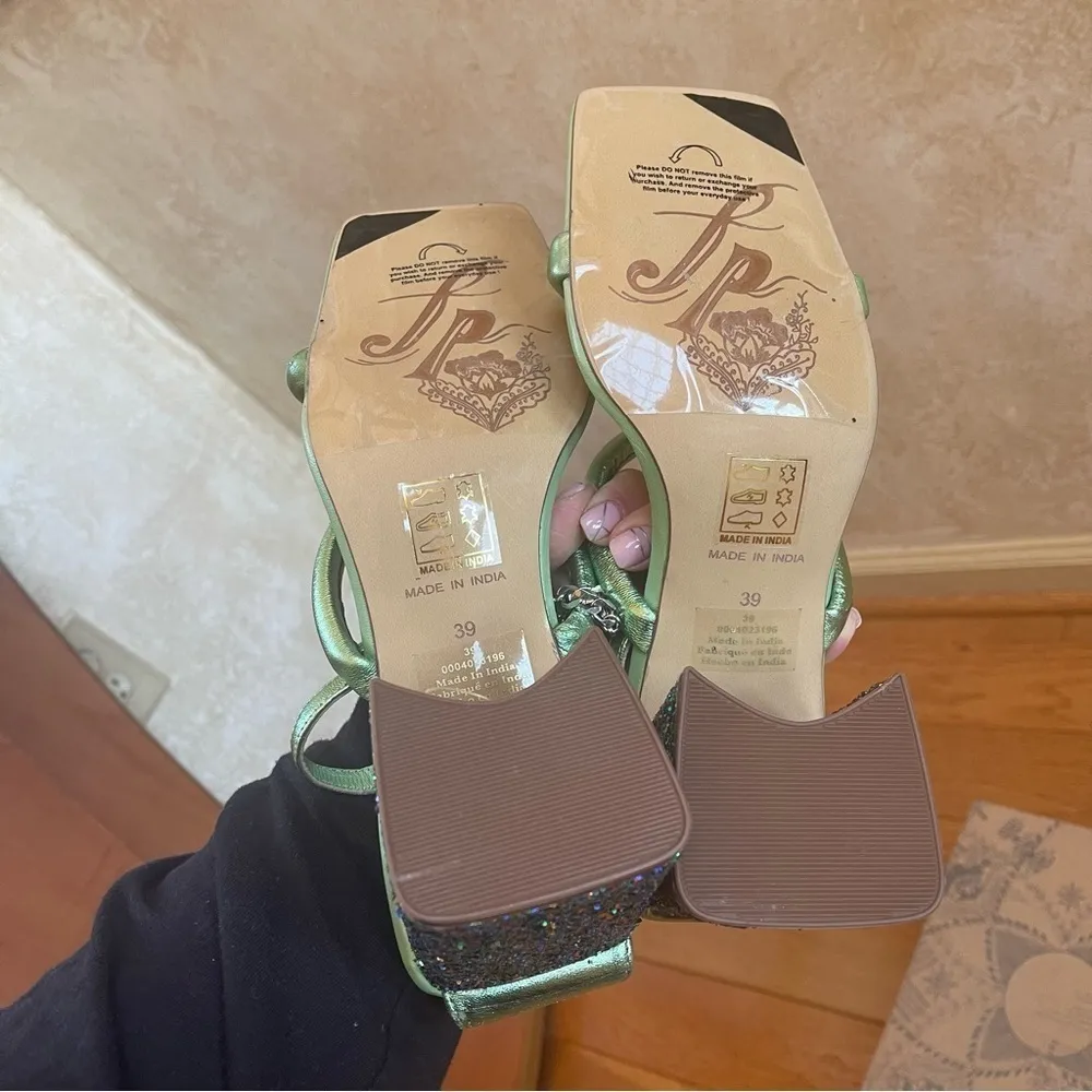 Free People Parker Silver Chain Heels Green Lime Metallic Sz 39 - Image 10