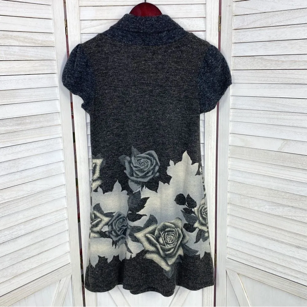 One Clothing Floral Cowl Neck Sweater Mini Dress Gray Cream Juniors Medium - Image 9