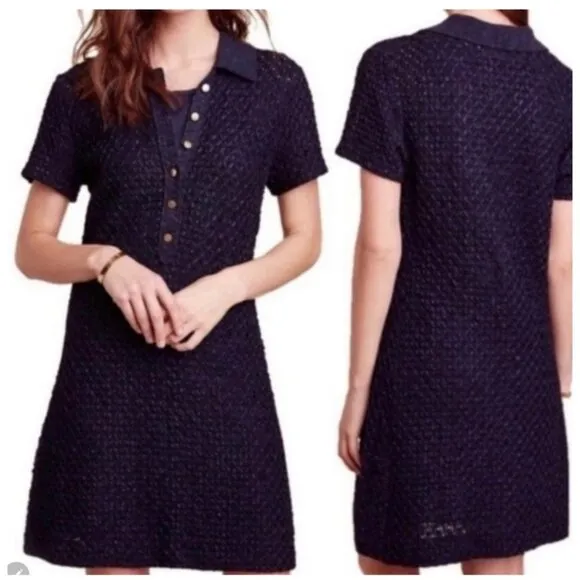 Anthropologie Moth S Sweater Mini Dress Polo Ribbon Crochet Knit Navy Blue - Image 2