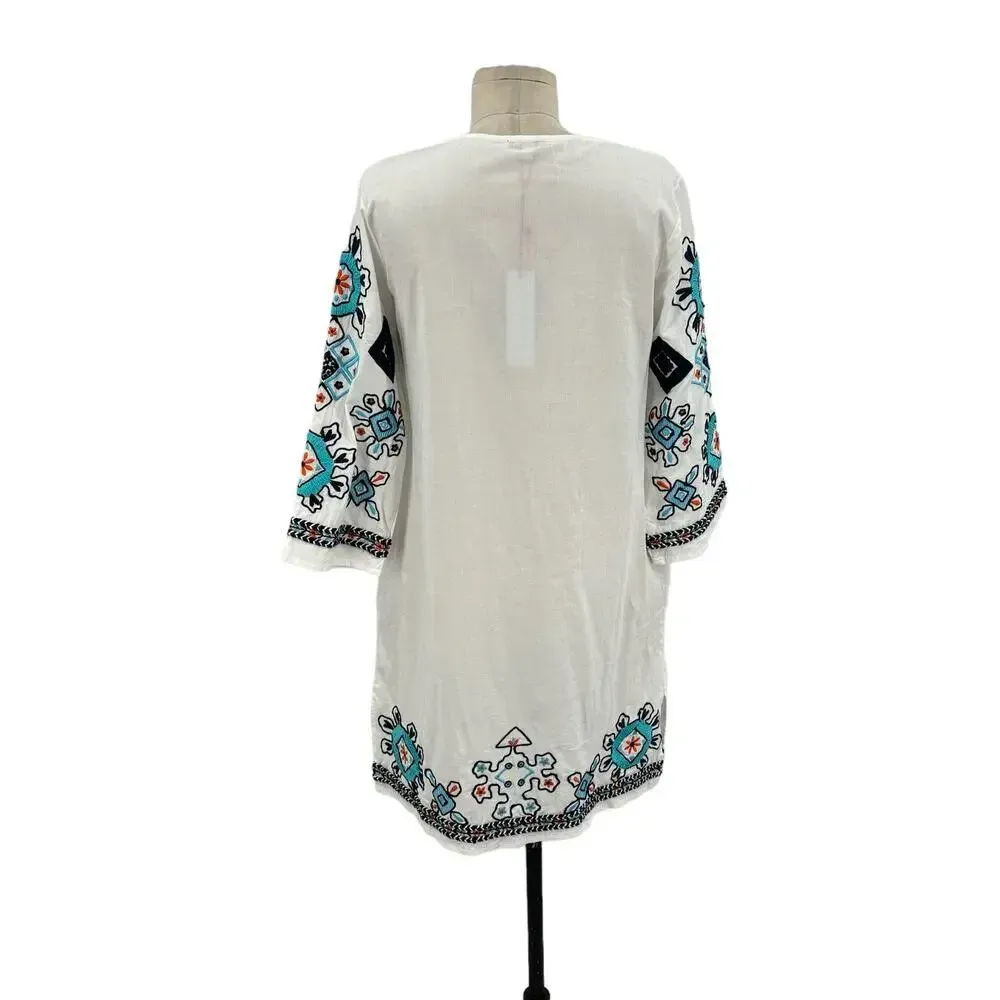 Frances Valentine Capri Tunic Dress‎ Oyster White Blue Embroidery Size XS - Image 7