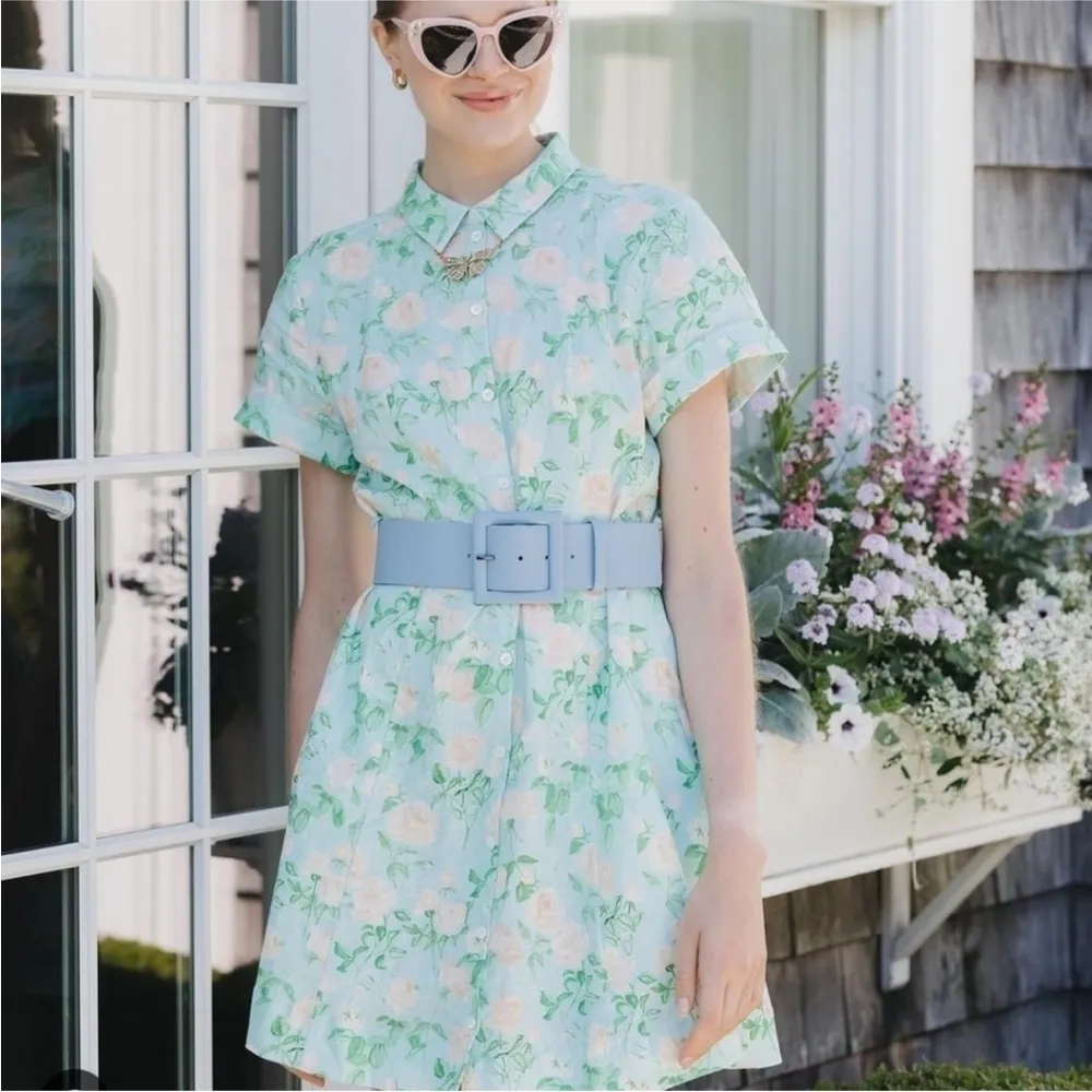 Hill House The Laura Dress Blue Roses Linen Belted Blue dress - Image 3