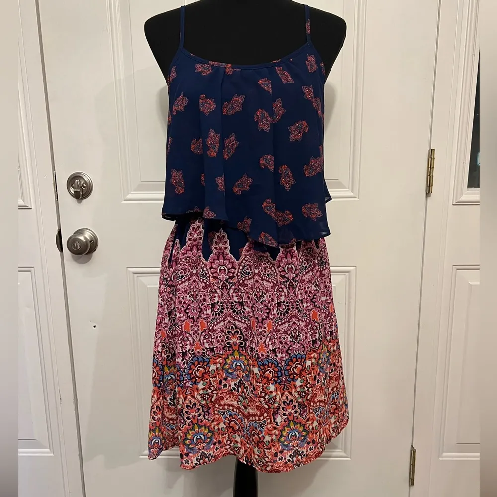 Navy and Pink Patterned Dress Size Large - Image 4