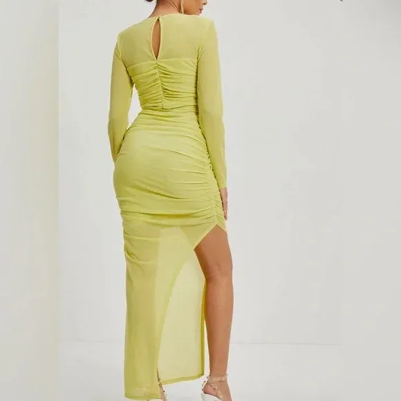 Vici Runched Lime Glitter Bodycon Maxi Long Sleeve Dress - Image 4