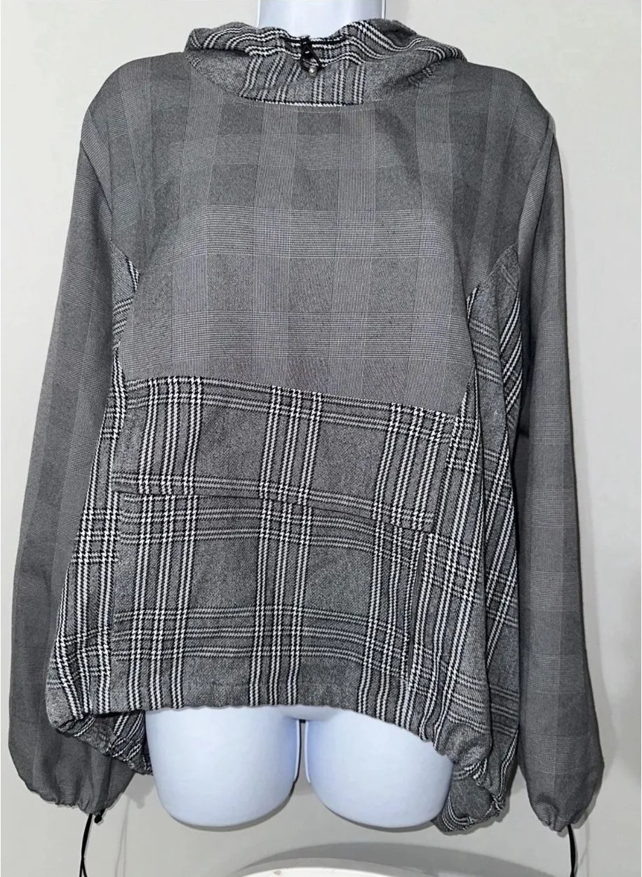 RUTI Mixed Media Plaid Scuba Pullover Hoodie Deconstructed Patchwork Grey S/M Gray Size M - Image 1