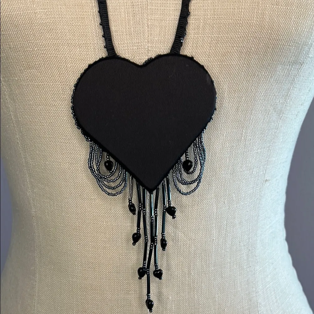 Vintage Handmade Black Heart Necklace silver embroidery and heart beads - Image 6