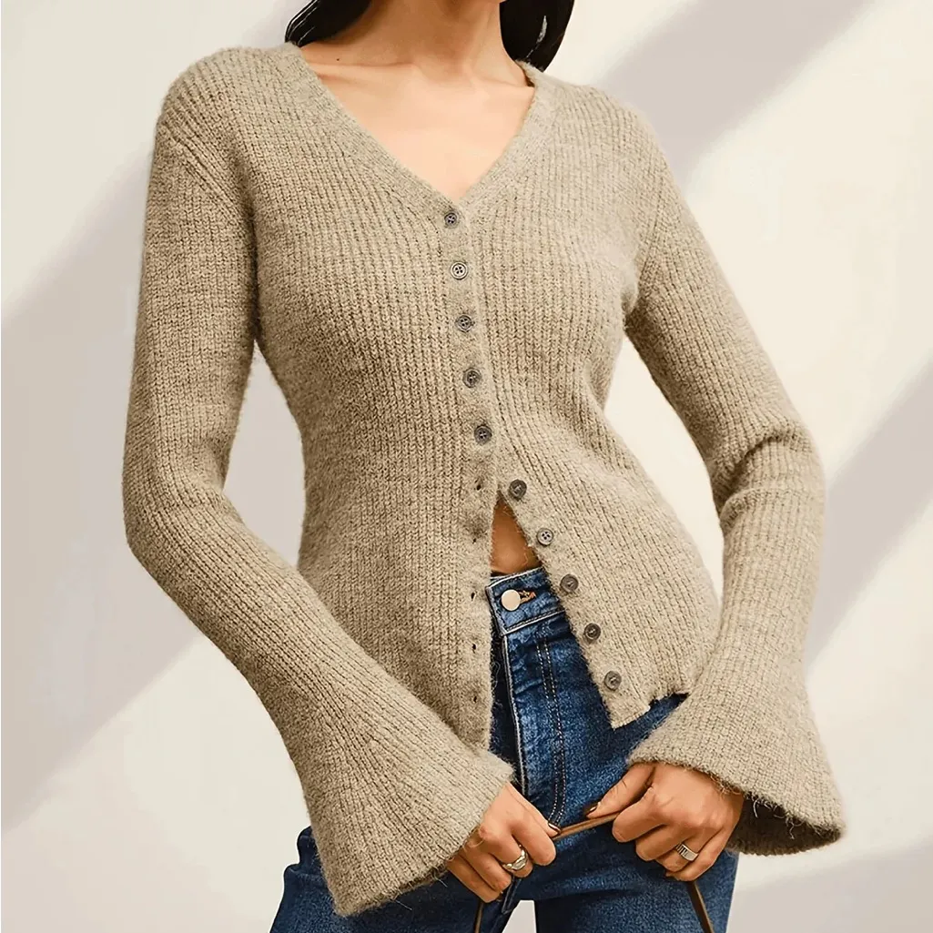 Rihoas Khaki V Neck Button Knit Cardigan Tan Size 2 - Image 2