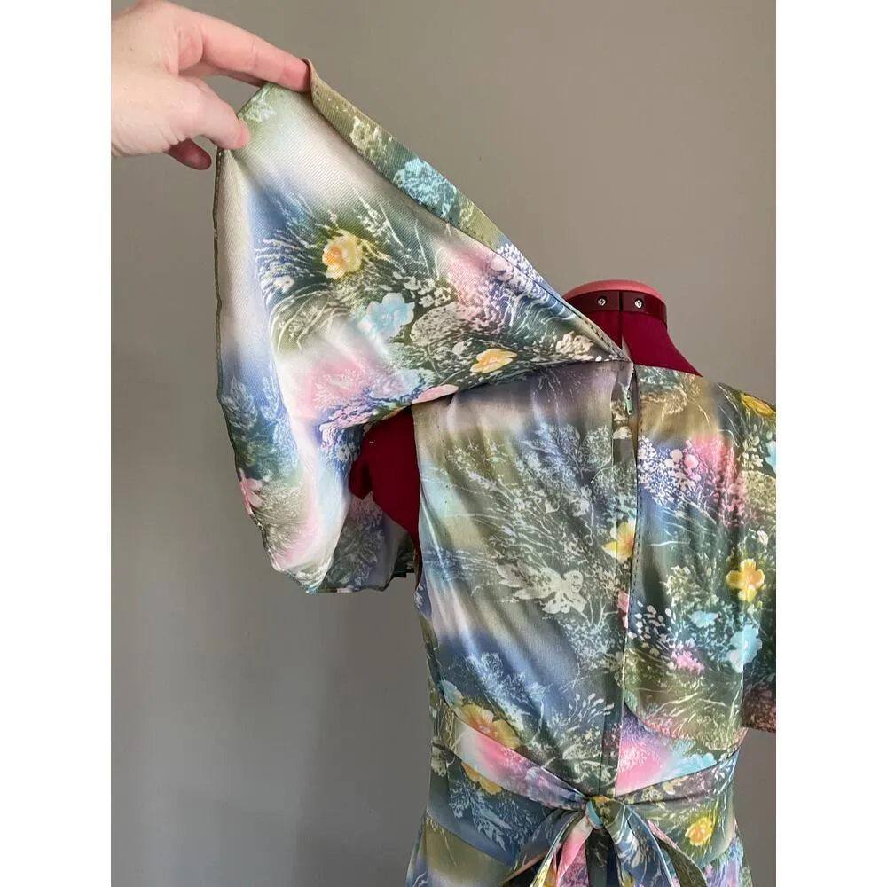 dress maxi floral flower power boho flutter sleeve green pink purple - Image 12