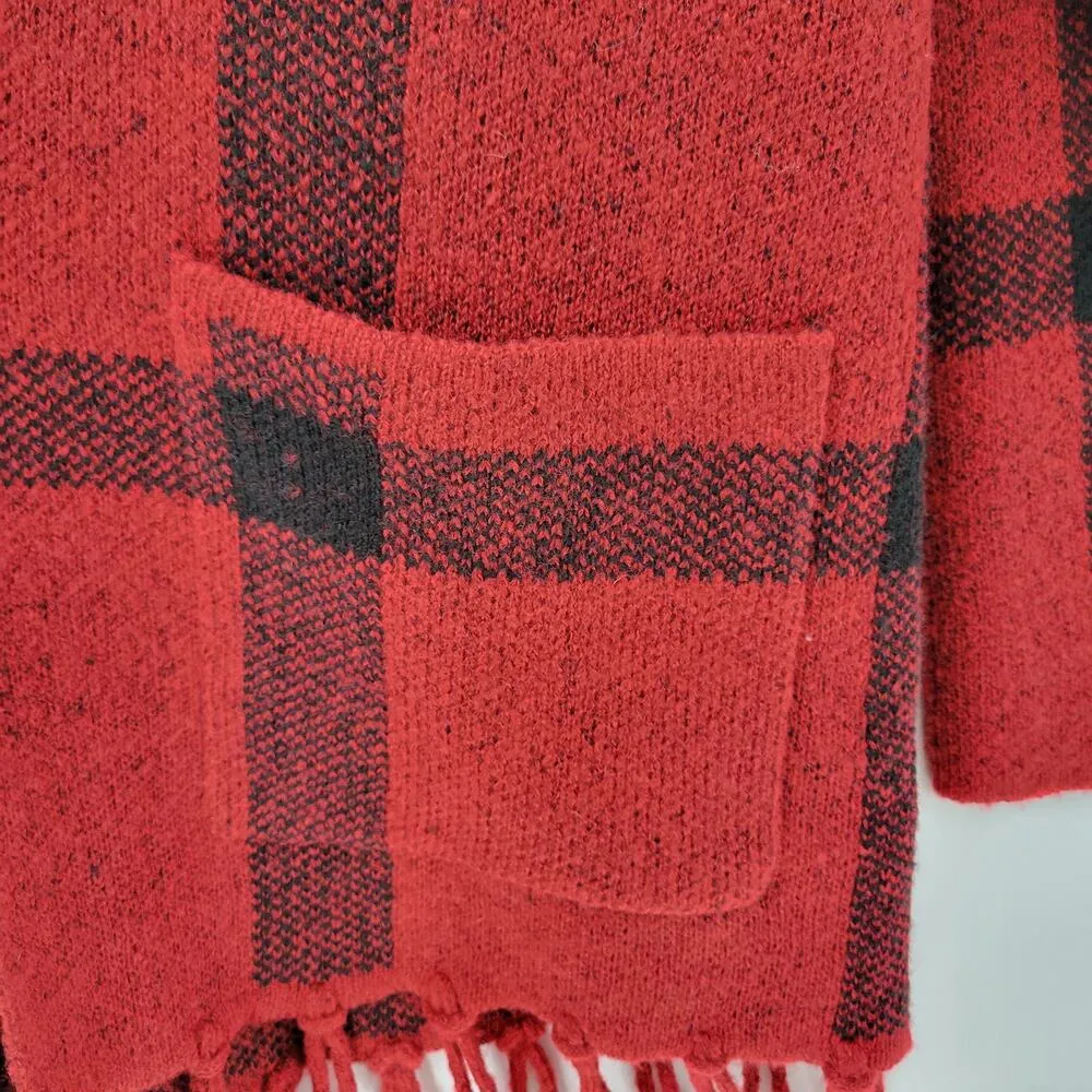 Adrienne Vittadini Womens Sweater Medium Red Plaid Cardigan Fringe Open Front - Image 4
