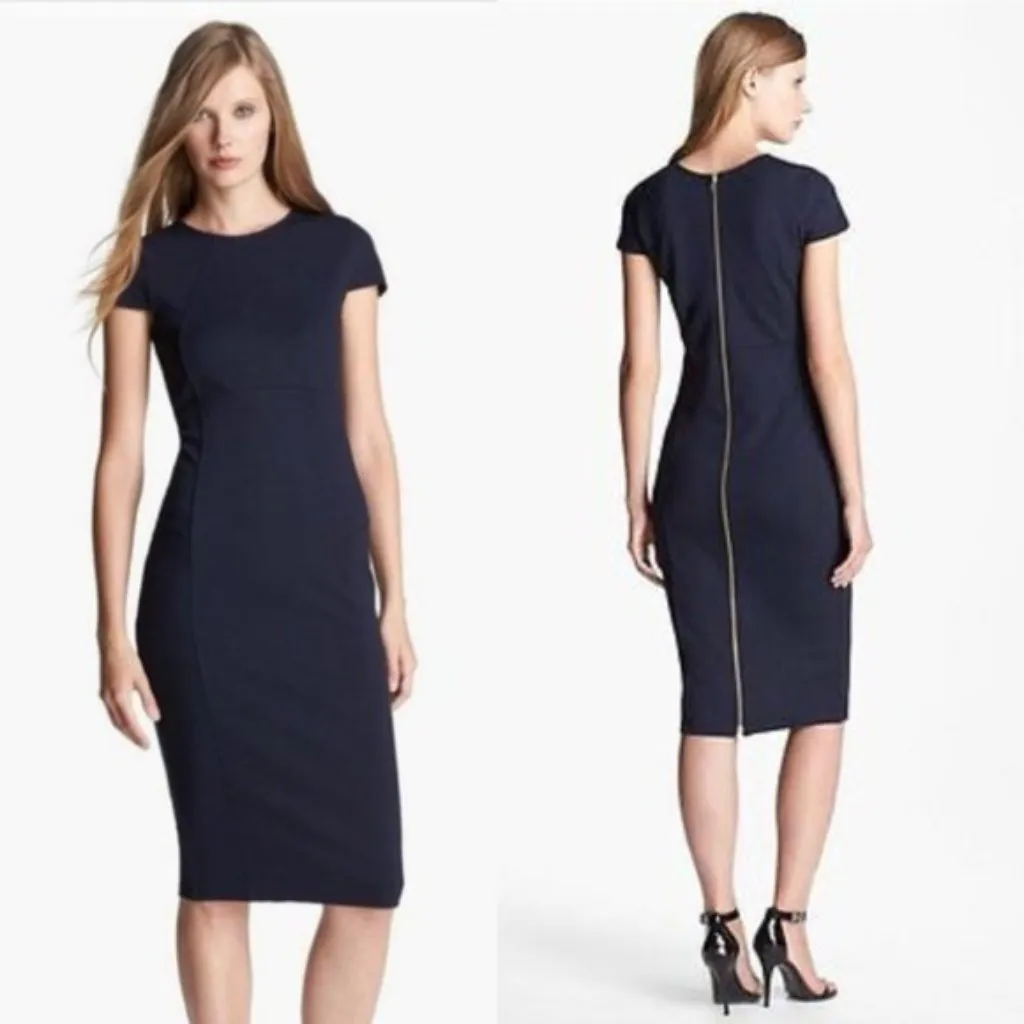 Felicity & Coco Pencil Dress Bodycon Back‎ Zipper Short Sleeves Navy Blue Small - Image 2