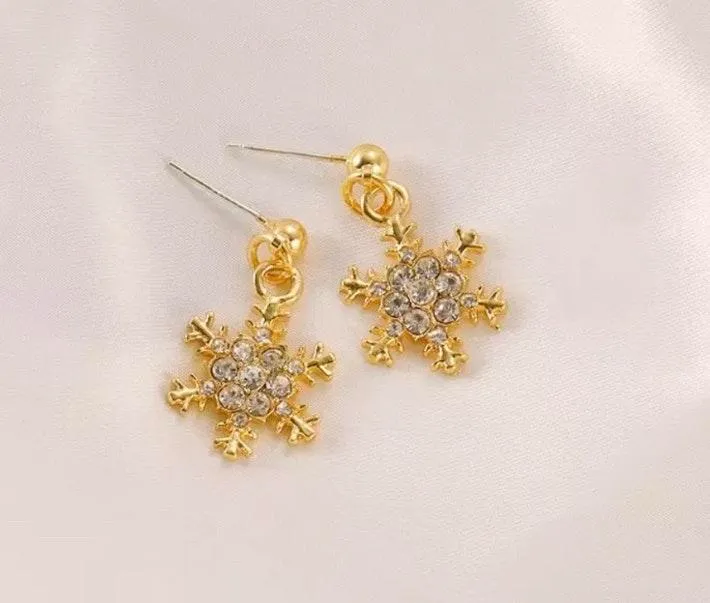 Crystal Snowflake Stud Drop Dangle Earrings Gold - Image 2