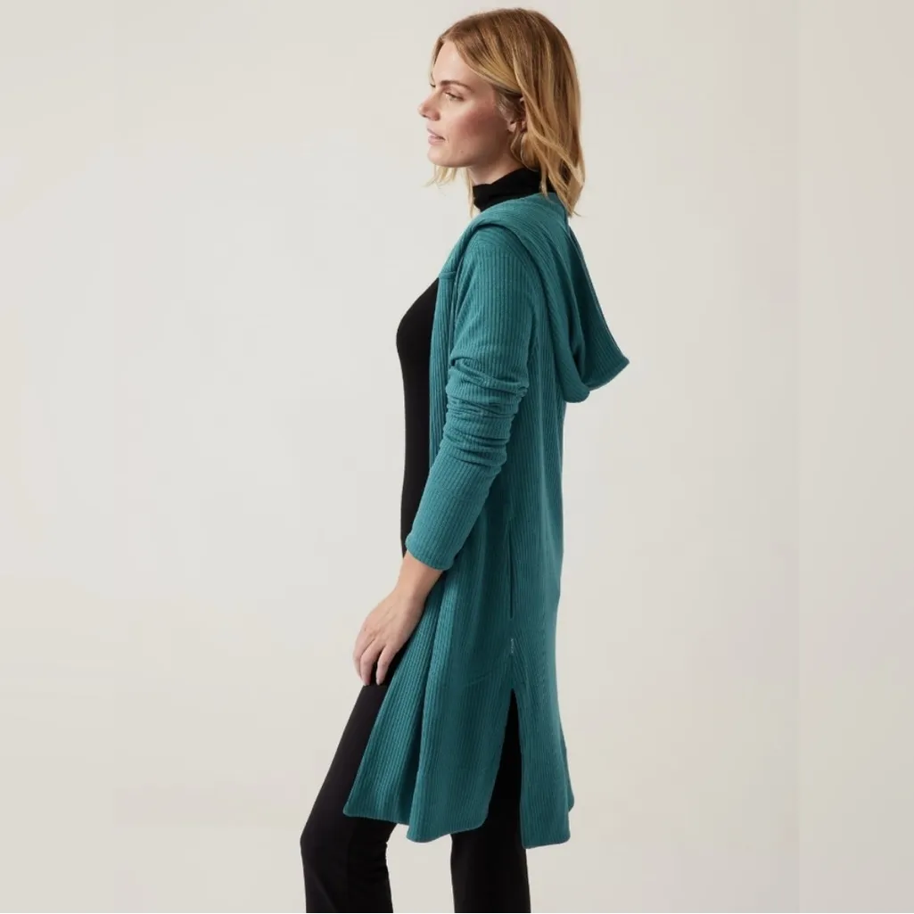 ATHLETA Harmony Pose Wrap Hooded Ribbed Yoga Cardigan in Dark Vista Teal Size S - Image 3