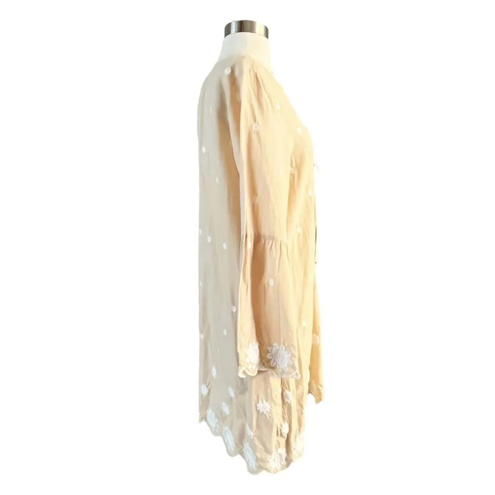 ANTONIO MELANI CoverUp Tunic Tan Embroidery Lace Details Bell Sleeves Neck Tie - Image 2