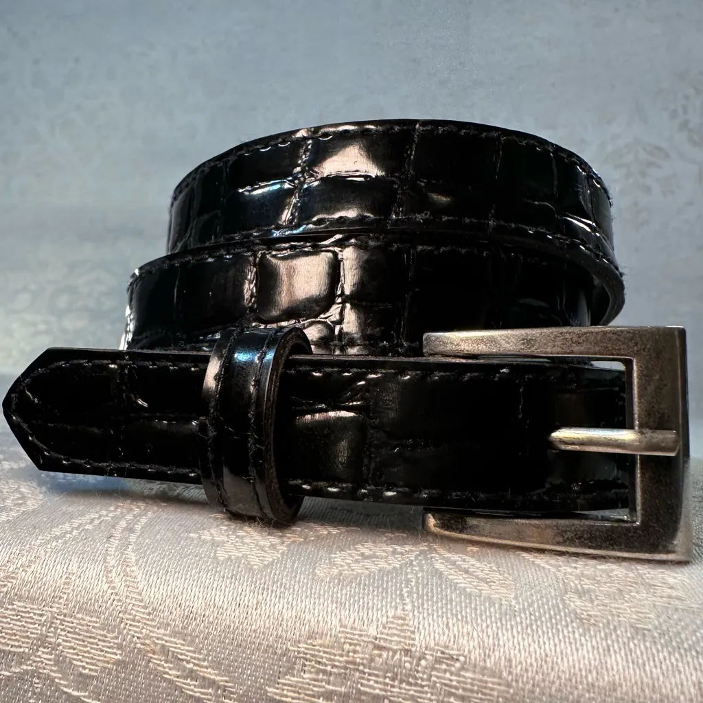 Black Faux Patent Leather Alligator Print Belt with Silver Buckle 36.5 in - Image 4