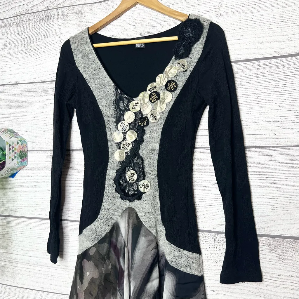 Legatte Italian Designer Silk Mixed Media Black & Gray Whimsy Goth Dress Size 6 - Image 2