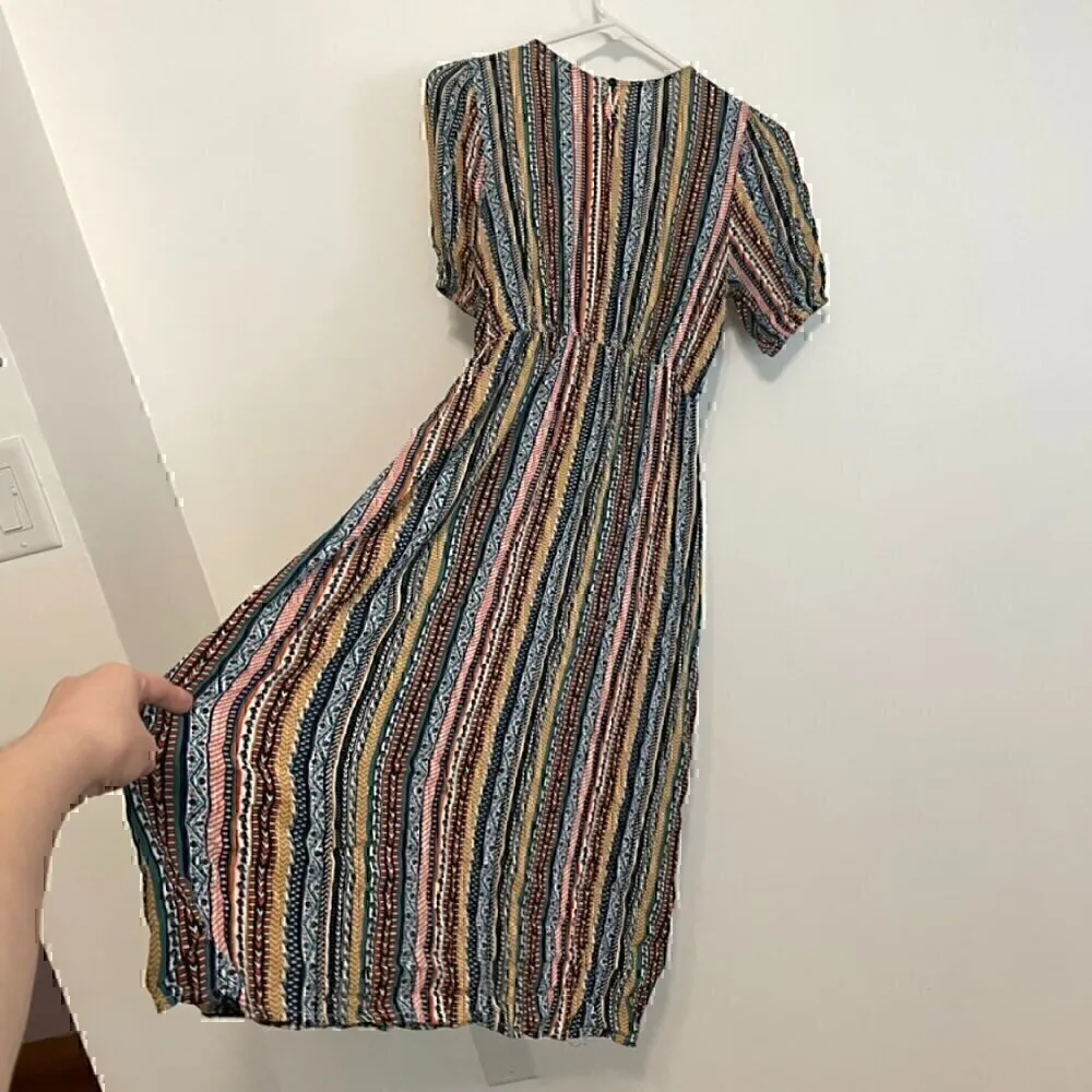 EMERY ROSE SHEIN Striped Puff Sleeve Dress White Black Multi Geometric Boho Midi - Image 14