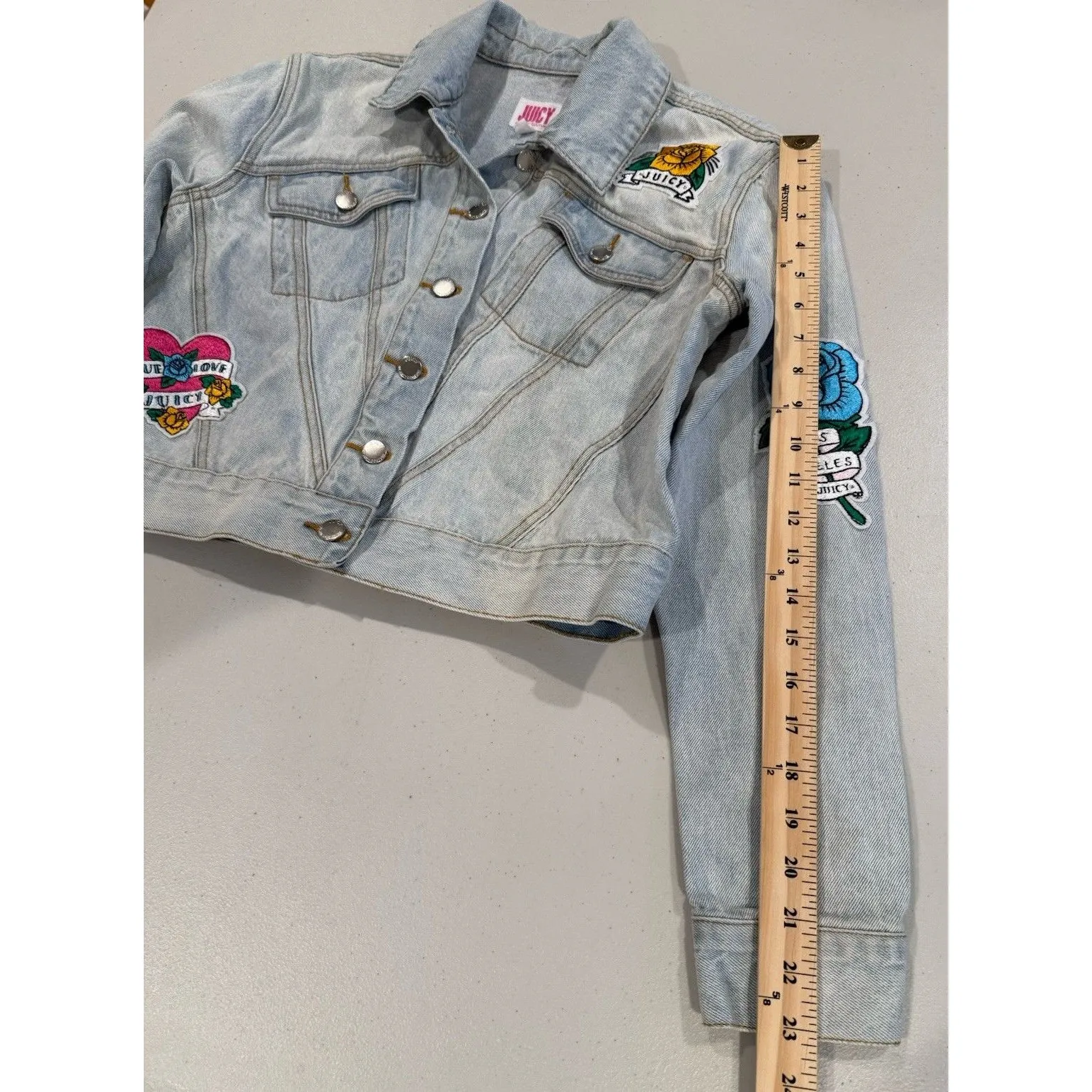 Juicy Couture Denim Jean Jacket Womens XS Distressed Y2K Patches Punk Tattoo - Image 3