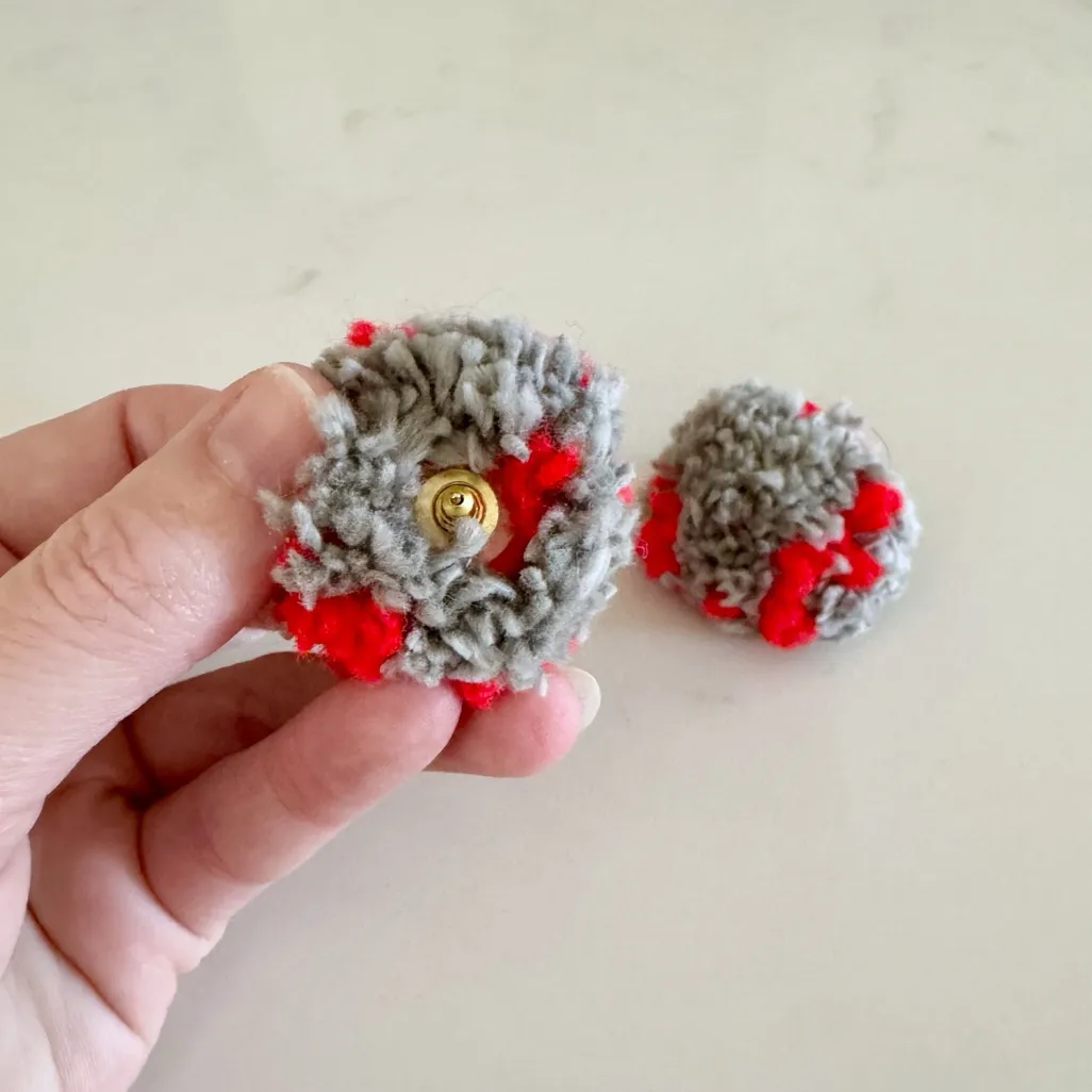Cozy Handmade Gray & Red Pom Pom Boho Chunky Knit Yarn Earrings, Stud Post Back - Image 3