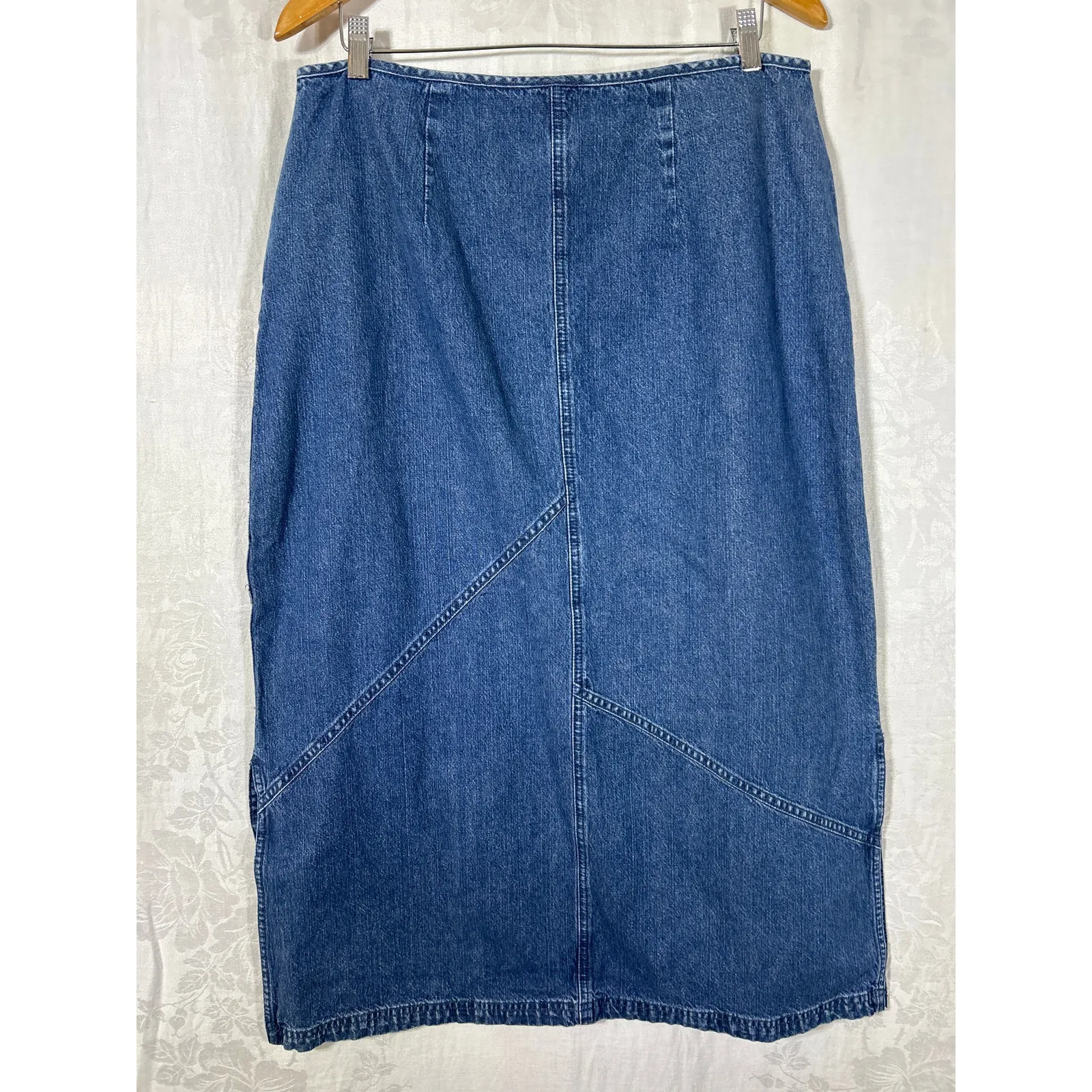 Vintage Denim Maxi Skirt 16 Blue Jean Side Slits Asymmetrical Cotton Modest - Image 7