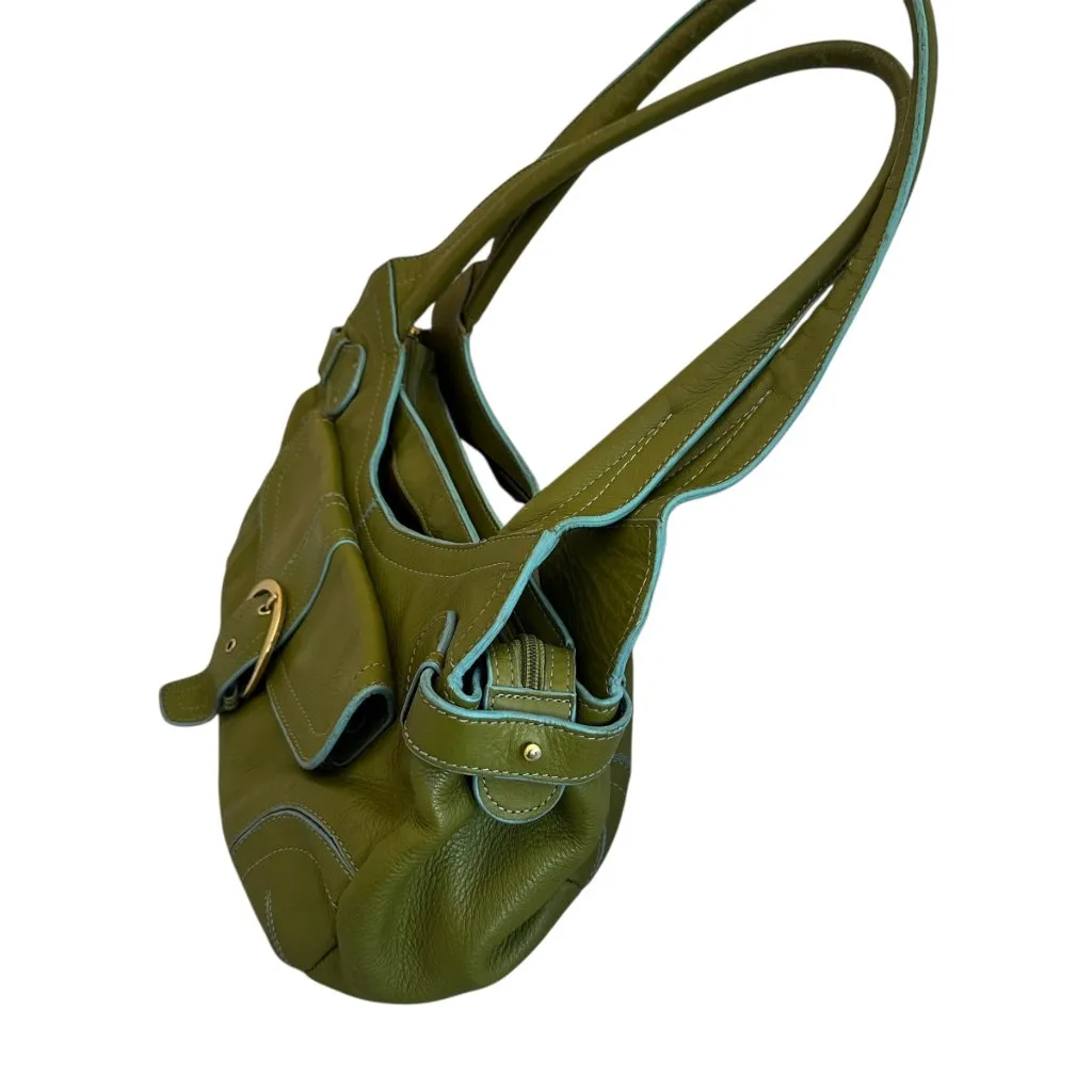 Franklin Covey Full Grain Leather Purse Handbag Green Shoulder Bag Front Pocket - Image 6