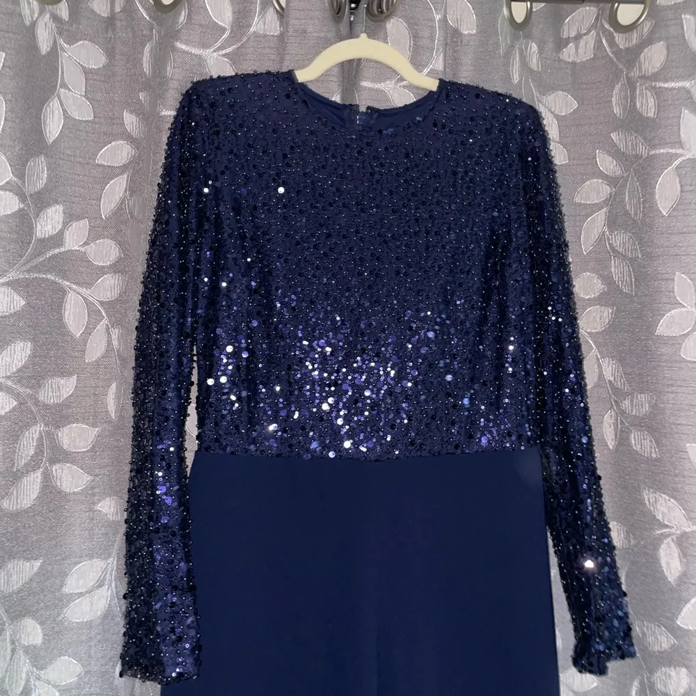 Nadine Merabi Misha Belted Long Sleeve Flare Jumpsuit Navy Blue Size L - Image 6