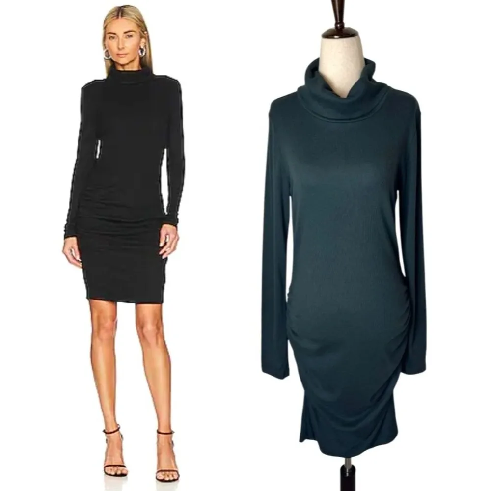 Michael Stars Dress Women Large Green Ribbed Knit‎ Turtleneck Ruched Velma Mini - Image 2