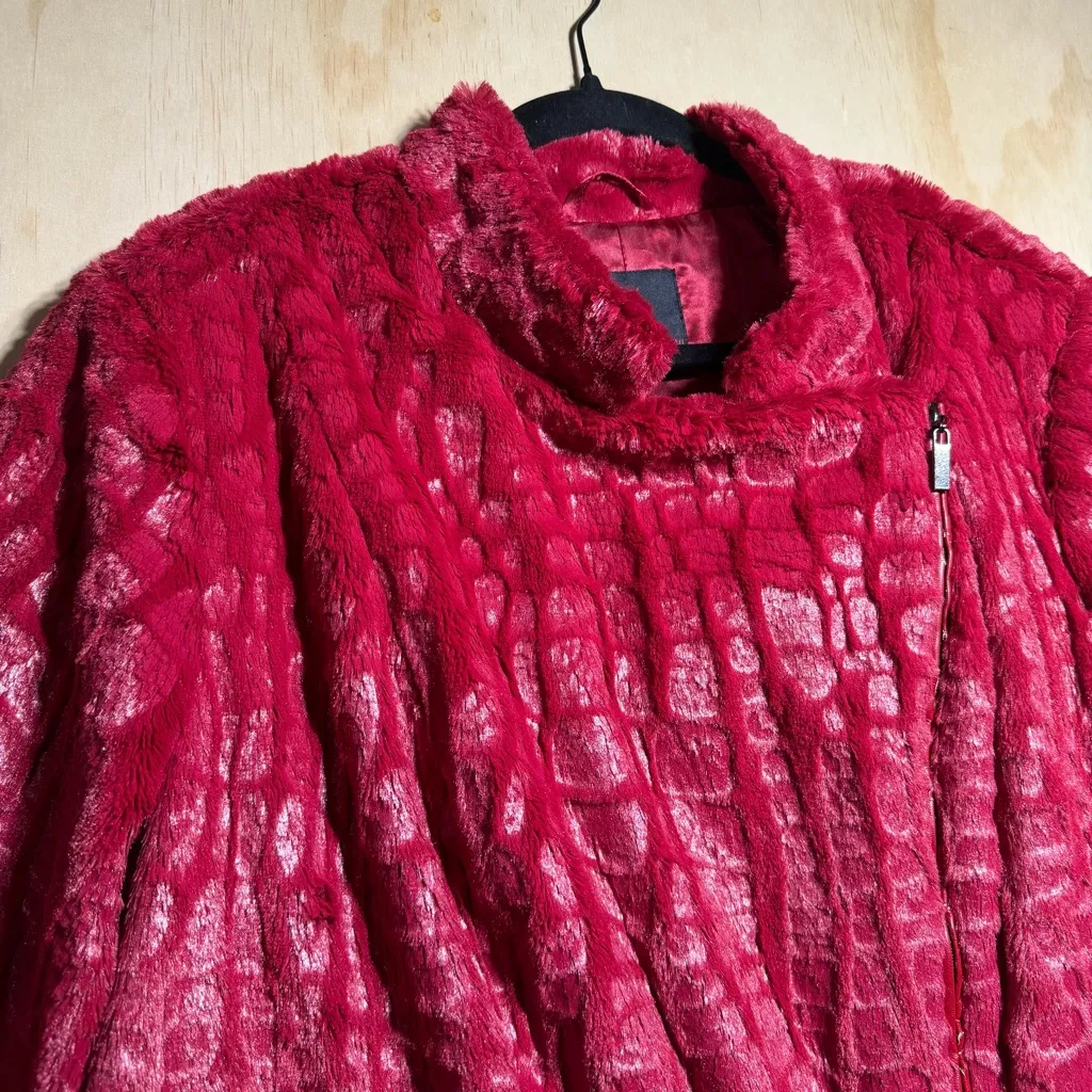 Adrienne Landau Red Faux Fur Croc Embossed Zip Jacket Women’s 2X Plush Luxe - Image 2