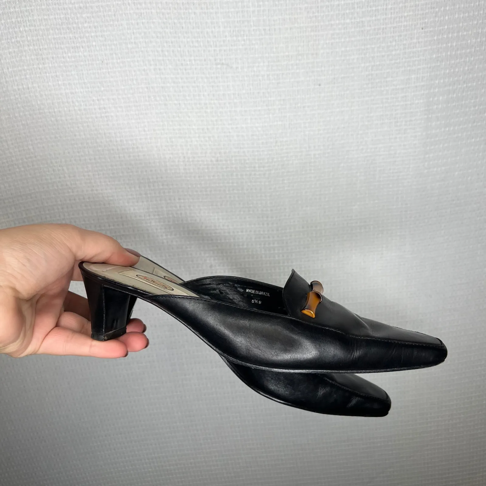 Talbots Leather Vintage Mules Size 6.5 Black Bamboo Detail Heel Square Toe Shoes - Image 4