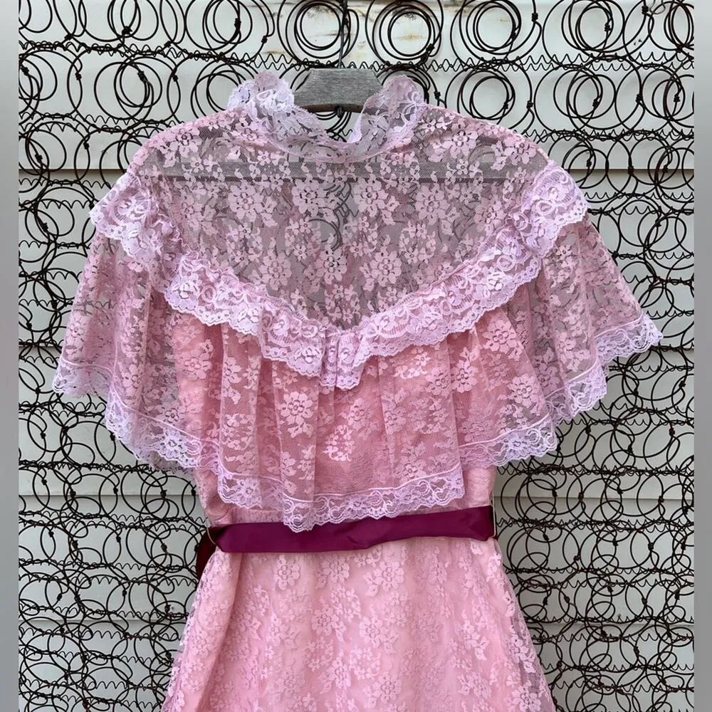 Vintage 70s JCPenney pink lace high illusion neck prairie style maxi dress  gown Size M - $100 - From Prairie