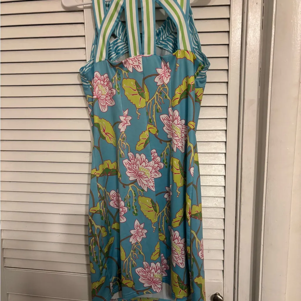 Gretchen Scott mystic garden isosceles Jersey dress Aqua lotus flora small Blue - Image 4