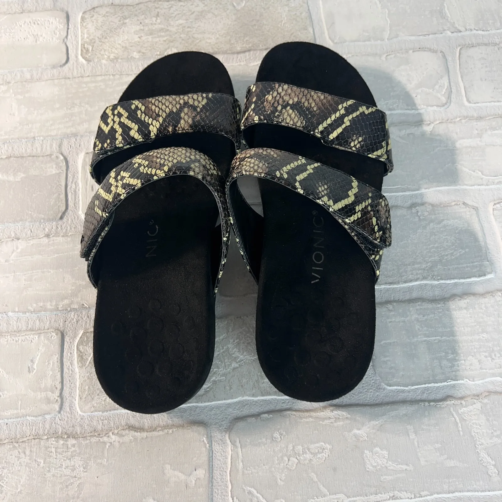 Vionic Sandals Women 8 Black Randi II Boa Snake Print Double Strap Slide Comfort - Image 4