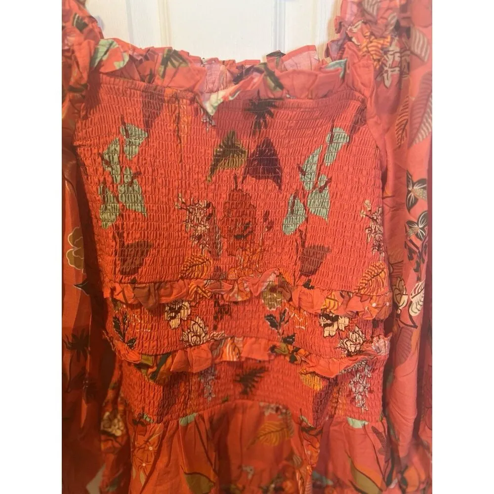 Farm Rio Anthropologie Smocked Ruffle Mini Dress Large Coral Long Sleeve - Image 6